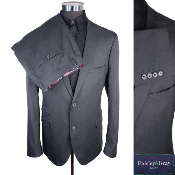 Paisley & Gray Slim-Fit 2-Pcs Suit Solid Gray Jacket Blazer Sz 44R Pants 38X32